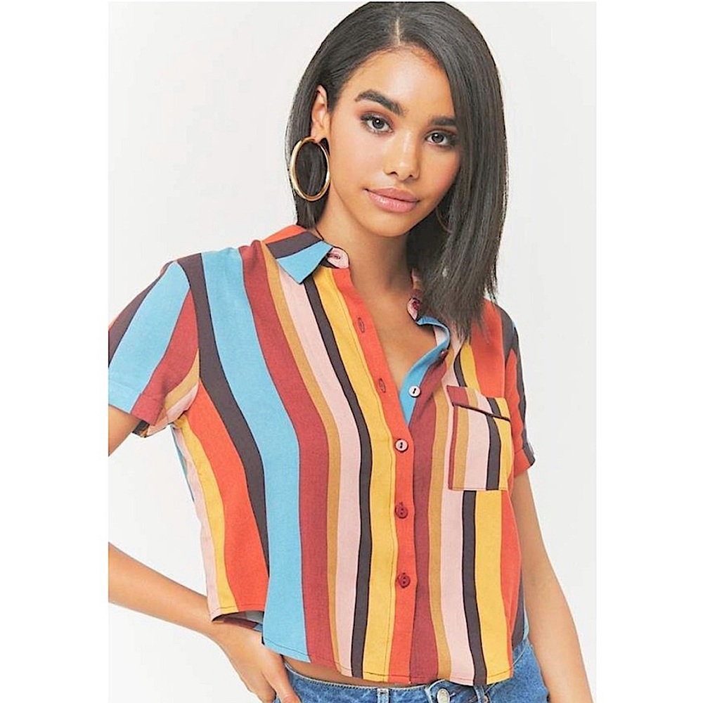 FOREVER 21 | STRIPED BOHO CROPPED BUTTON DOWN TOP